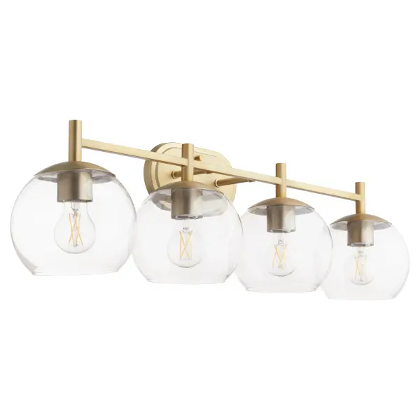 The Lyon 4-Light Vanity combines clean geometric lines with rounded clear glass shades for a refined, versatile look. Its aged brass finish adds warmth while the uncomplicated design works across traditional and contemporary spaces.
