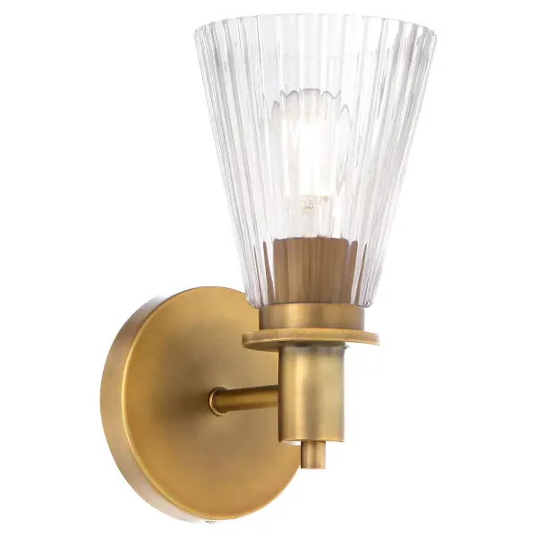 The Lawton wall sconce blends Early American and European design influences with contemporary finishing. Its pleated conical glass shade and ramped arms create visual interest while the brushed brass finish adds warmth to any space. - alternate view