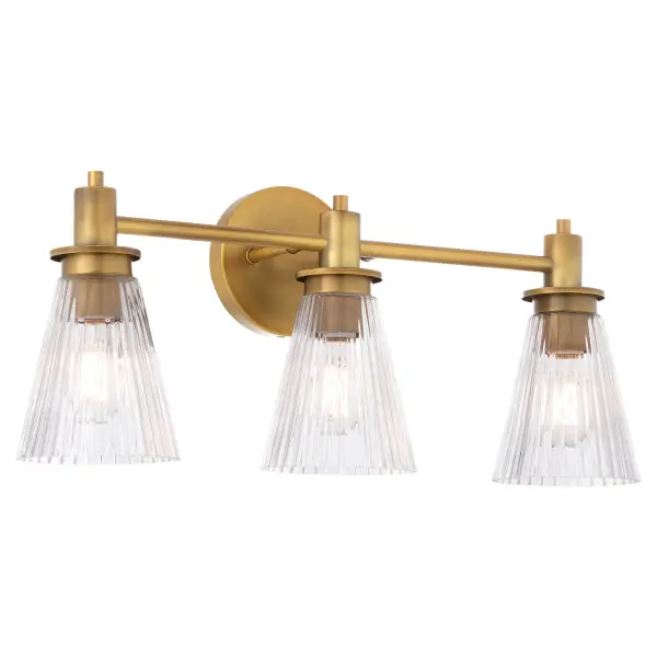 The Lawton 3-Light Vanity combines playful transitional design with contemporary finishing. Featuring distinctive pleated conical glass shades and ramped arms in brushed brass, it brings warmth and sophistication to bathrooms. - alternate view
