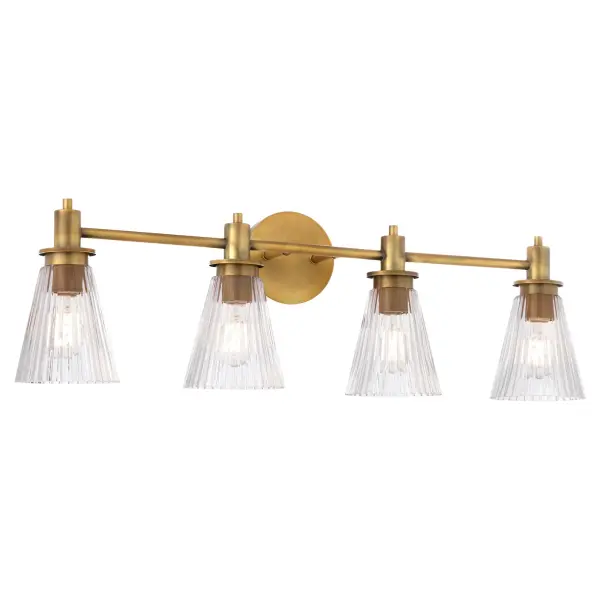 The Lawton 4-Light Vanity combines transitional charm with contemporary finishing. Featuring distinctive pleated conical glass shades and ramped arms, this brushed brass fixture adds warmth and sophistication to bathroom spaces. - alternate view