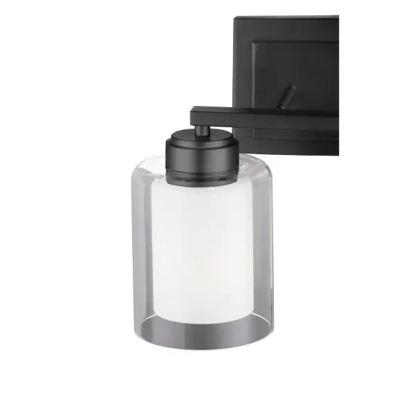 This 2-light vanity fixture delivers sophisticated simplicity with bold, clean lines and clear opal glass shades. The matte black finish provides versatile styling that works in both residential and commercial settings. - alternate view
