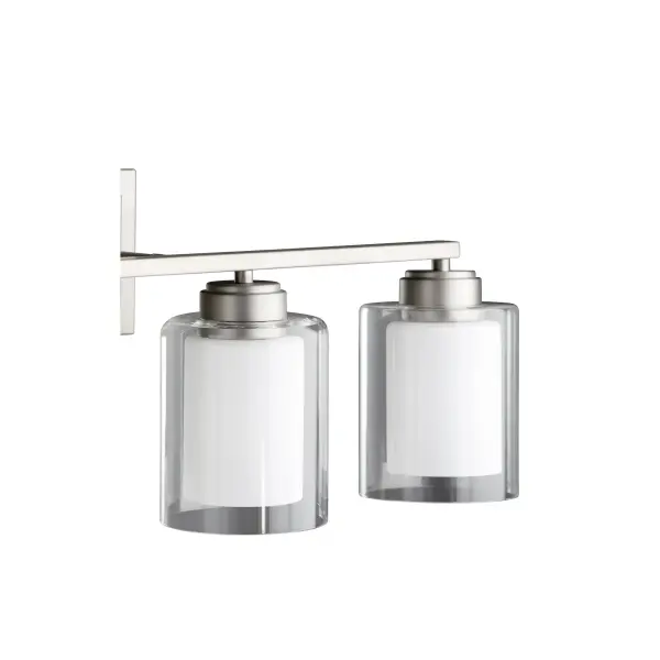 This 4-light vanity fixture combines subtle sophistication with bold, clean lines. The clear opal glass shades provide soft, even illumination while the satin nickel finish offers versatile style that complements both modern and traditional bathrooms. - alternate view