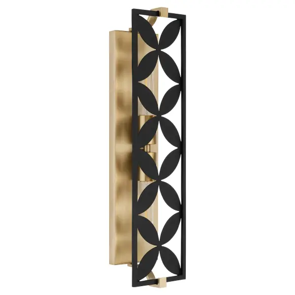 The Mariposa vanity light combines aged brass elegance with matte black geometric floral petals, creating stunning shadow patterns. Perfect for adding artistic sophistication to bathroom spaces with its exposed lamp design.