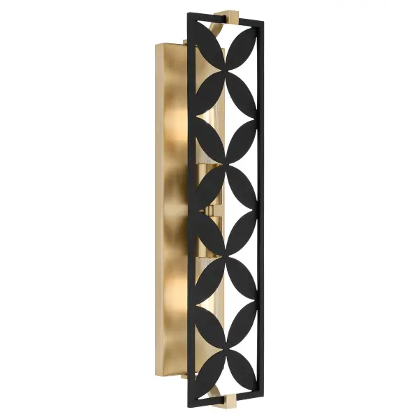 The Mariposa vanity light combines aged brass elegance with matte black geometric floral petals, creating stunning shadow patterns. Perfect for adding artistic sophistication to bathroom spaces with its exposed lamp design. - alternate view