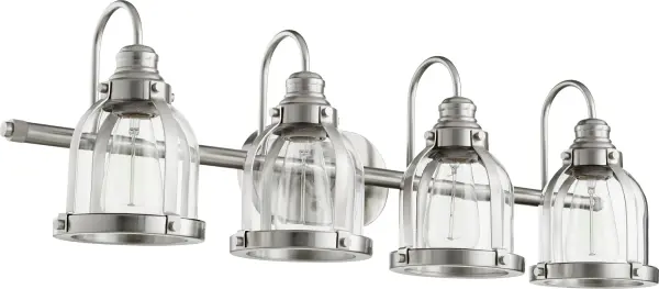 The Denny 4-light vanity combines clean lines with understated elegance, offering a versatile transitional design that bridges traditional and contemporary aesthetics. Perfect for bathroom lighting with its crisp satin nickel finish.