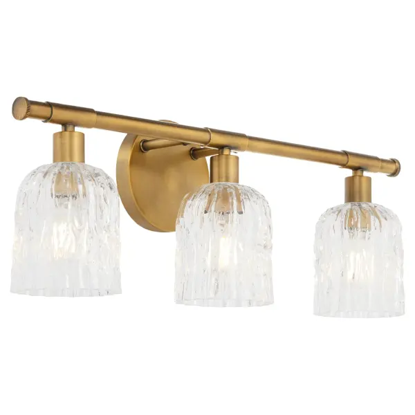 The Meriam vanity light brings Regency-era luxury to contemporary bathrooms with its brushed brass finish and unfiltered glass shades. Perfect for transitional and traditional spaces seeking balanced illumination with dramatic flair. - alternate view