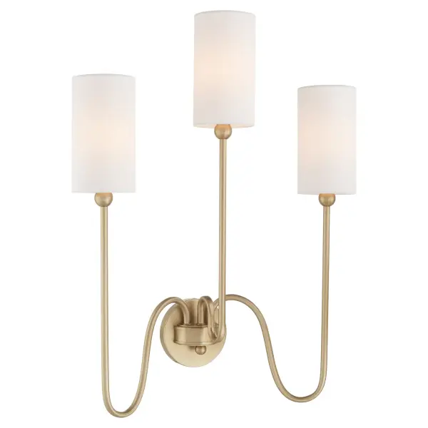 Designer Tamara Day's Charlotte 3-light wall sconce blends classic silhouettes with modern curves. Clear glass cylindrical shades and aged brass finish create sophisticated ambiance perfect for bathrooms and hallways. - alternate view