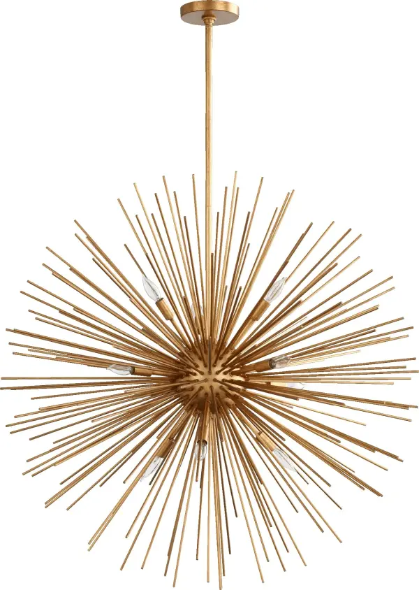 The Electra pendant delivers show-stopping visual impact with its explosive sunburst design and luxurious Gold Leaf finish. Ten candelabra lights radiate from the center, creating a sculptural focal point perfect for grand spaces.