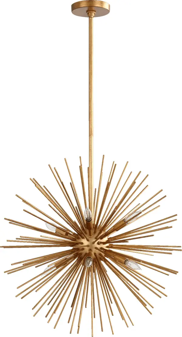 The ELECTRA pendant delivers show-stopping visual impact with its explosive Gold Leaf spire design. Like an electrified dandelion, this statement piece combines sculptural artistry with functional candelabra lighting for spaces that demand attention.
