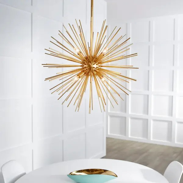 The ELECTRA pendant delivers show-stopping visual impact with its explosive Gold Leaf spire design. Like an electrified dandelion, this statement piece combines sculptural artistry with functional candelabra lighting for spaces that demand attention. - alternate view