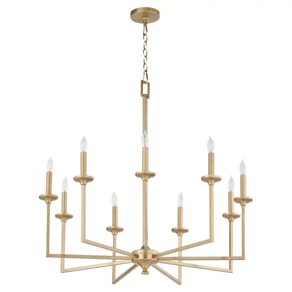 The Eldorado 9-Light Chandelier combines traditional charm with refined simplicity. Its clean lines, classic bobeches, and aged brass finish create a sophisticated focal point perfect for formal dining rooms and grand entryways.
