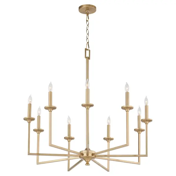 The Eldorado 9-Light Chandelier combines traditional charm with refined simplicity. Its clean lines, classic bobeches, and aged brass finish create a sophisticated focal point perfect for formal dining rooms and grand entryways. - alternate view