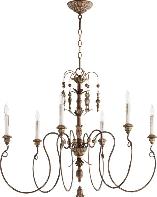 The Salento chandelier brings Italian Baroque and Rococo influences to life with delicate curved arms, candlestick-styled lights, and vintage copper finish. Its asymmetrical leaf motifs create authentic old-world character.