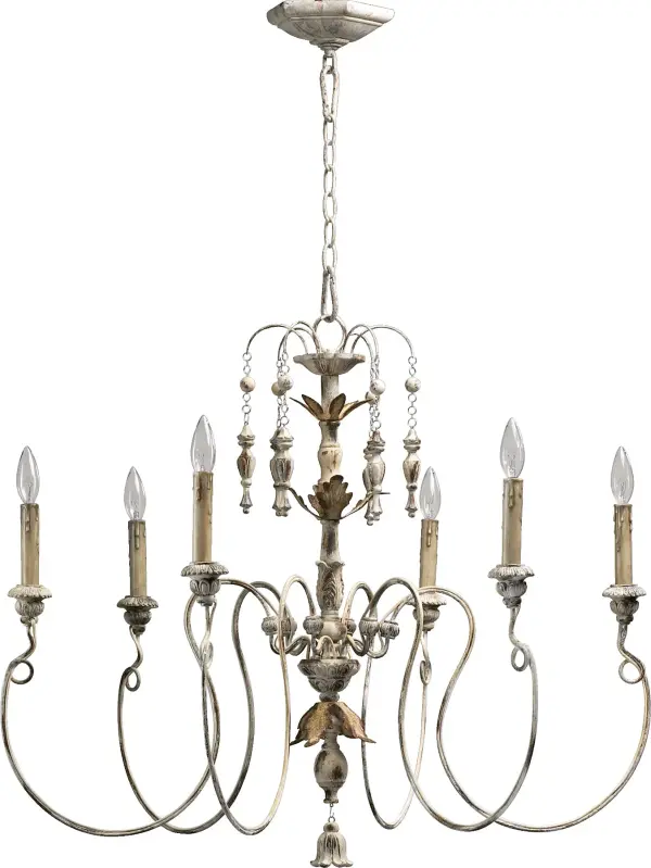 The Salento chandelier brings Italian Baroque and Rococo influences to life with delicate curved arms, candlestick-styled lights, and leaf motifs. Its Persian White finish and asymmetrical design create an authentic antiqued look.