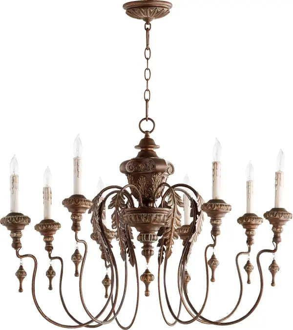 The Salento chandelier brings Italian Baroque and Rococo influences to life with gracefully curved arms, candlestick-styled lights, and vintage copper finish. Its 8-light design offers substantial illumination while leaf motifs add artisanal character.