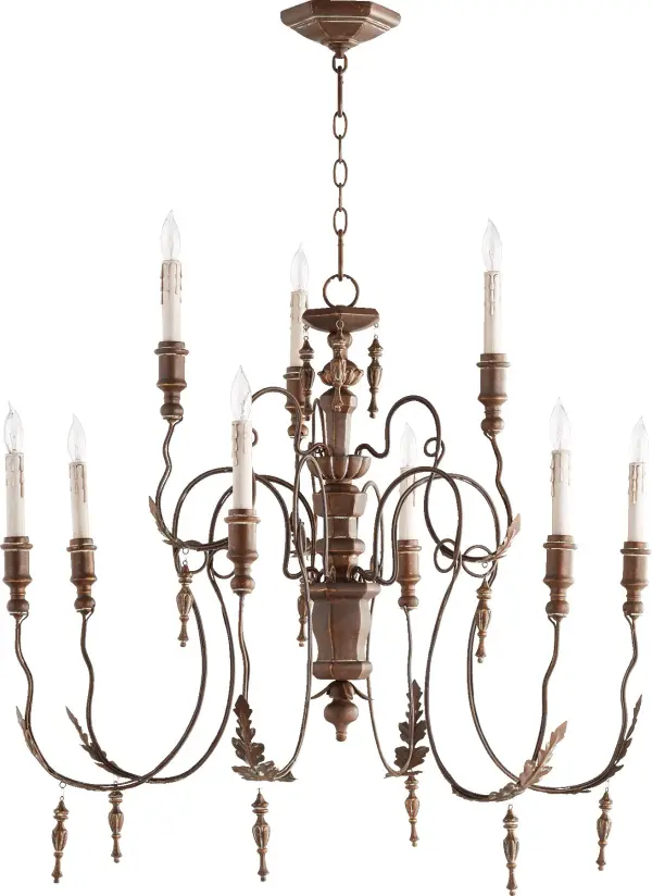 The Salento chandelier brings Italian Baroque and Rococo influences to life with delicate curved arms, candlestick-styled lights, and leaf motifs. Its vintage copper finish and artisanal asymmetry create an authentic old-world aesthetic.