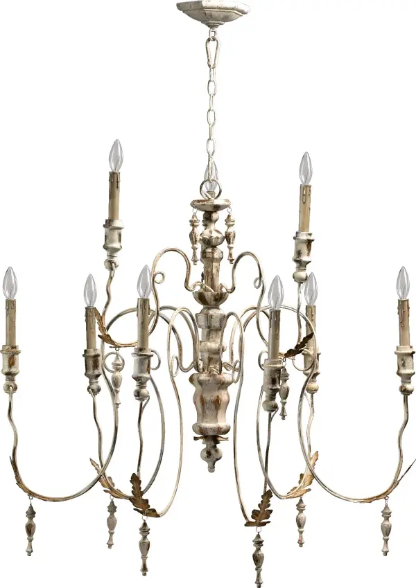 The Salento chandelier brings Italian Baroque and Rococo influences to life with delicate curved arms, candlestick-styled lights, and leaf motifs. Its Persian White finish and asymmetrical design create an authentic antiqued look.