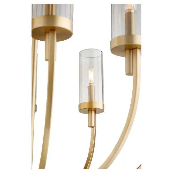 The Ladin chandelier combines bold lines with rounded profiles to create a serene, contemporary aesthetic. Its aged brass finish and less-is-more design philosophy make it versatile for modern and transitional spaces. - alternate view