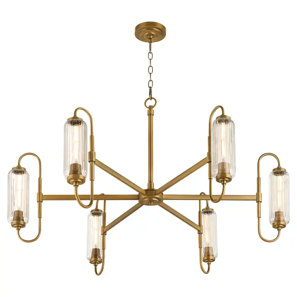 The Whitmire chandelier beautifully merges modern sophistication with vintage radio-era aesthetics. Clear ribbed glass shades and brushed brass finish create a striking centerpiece that honors tradition while embracing contemporary design. - alternate view