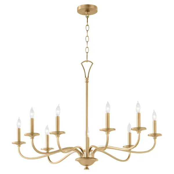 The Maryse 9-Light Chandelier brings classic sophistication with its aged brass finish and elongated curves. Perfect for traditional and transitional spaces, this fixture offers substantial lighting coverage with timeless design appeal. - alternate view
