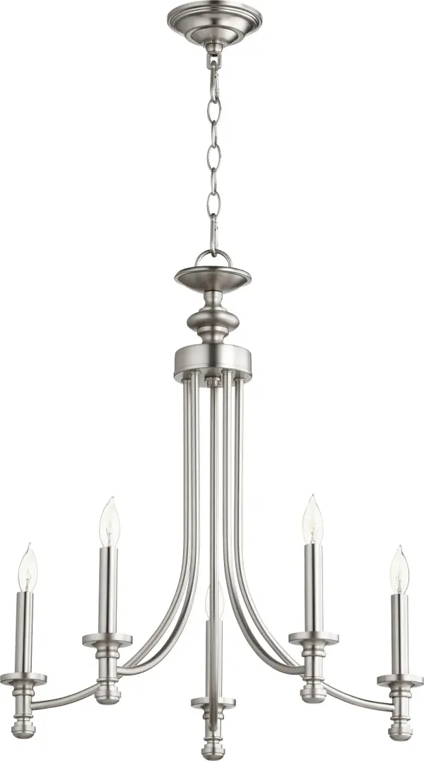 The Rossington 5-Light Chandelier bridges traditional and contemporary design with its clean lines, soft curves, and smooth Satin Nickel finish. Perfect for dining rooms or entryways seeking understated elegance.