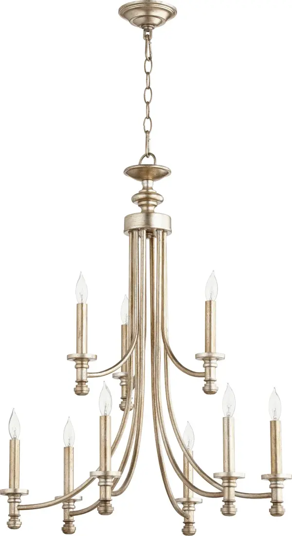 The Rossington chandelier features a sophisticated 6+3 tiered design with aged silver leaf finish and frosted glass shades. Its traditional styling with transitional appeal makes it versatile for formal dining rooms and grand entryways.