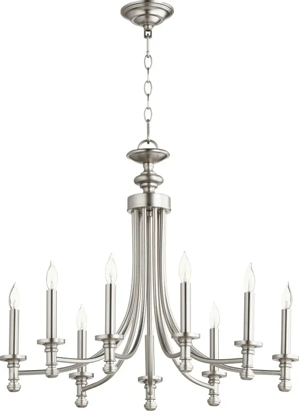 The Rossington chandelier delivers transitional elegance with clean lines and soft curves in a sophisticated Satin Nickel finish. Its 9-light configuration provides ample illumination while Satin Opal glass shades create warm, diffused light perfect for dining and entertaining spaces.