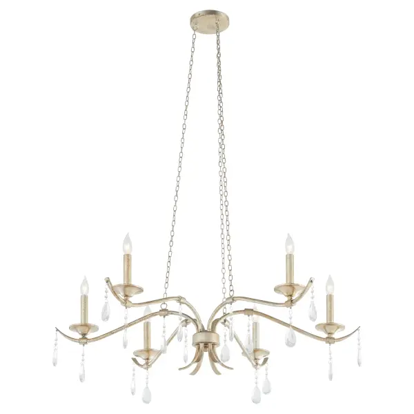The Lorelei chandelier combines refined elegance with luxurious crystal detailing. Its aged silver leaf finish and sweeping curves create a sophisticated focal point, while cascading crystals add sparkle and movement to any space.