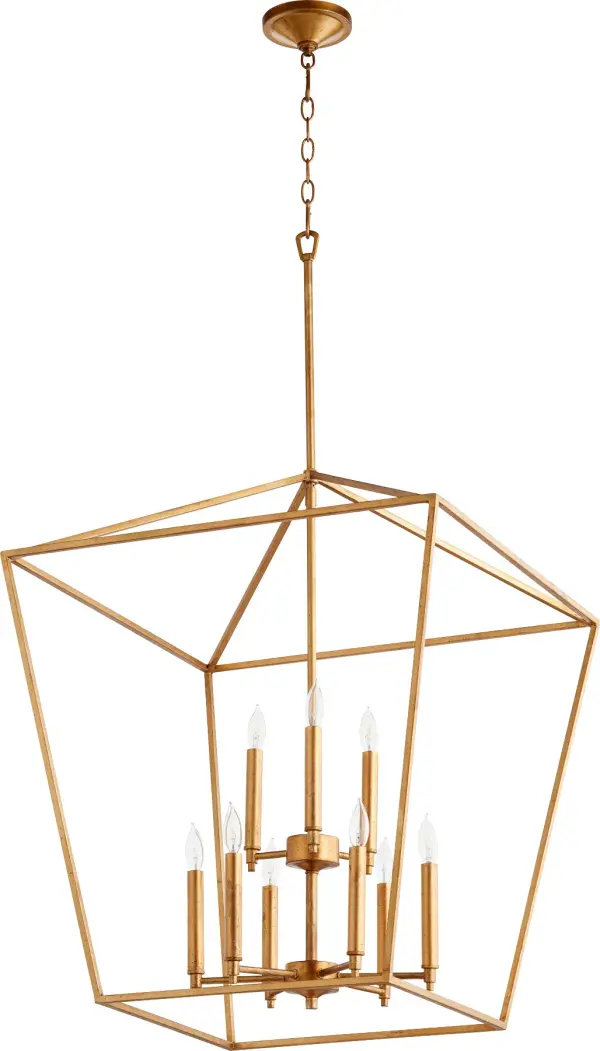 The Gabriel 9-light pendant delivers minimal elegance with maximum versatility. Its Gold Leaf finish and included interchangeable candle sleeves in Noir, Satin Nickel, and Aged Brass allow customization to match any aesthetic.