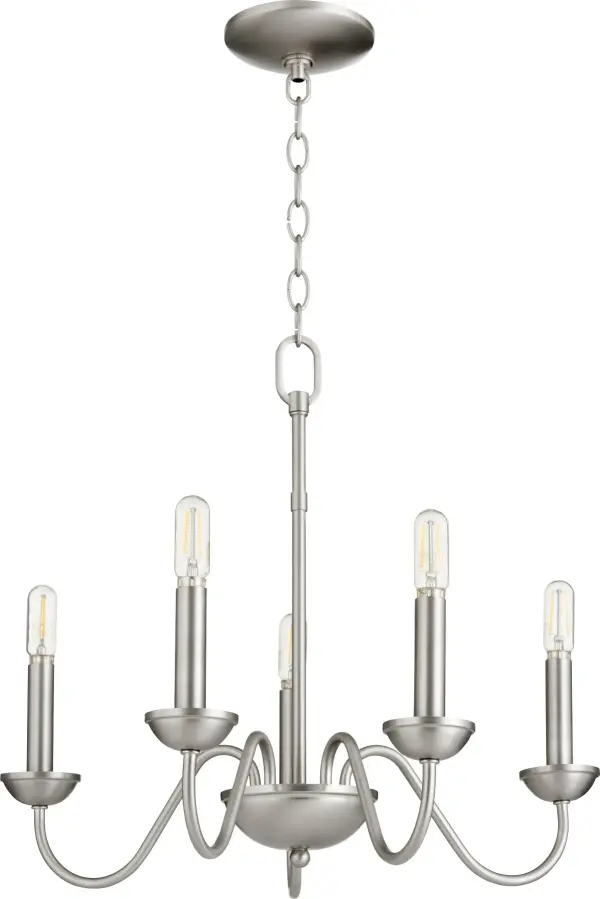 This 5-light chandelier combines graceful curves with a sleek satin nickel finish, delivering classic traditional style at an accessible price point. Its neutral metallic tone adapts beautifully to various color schemes.