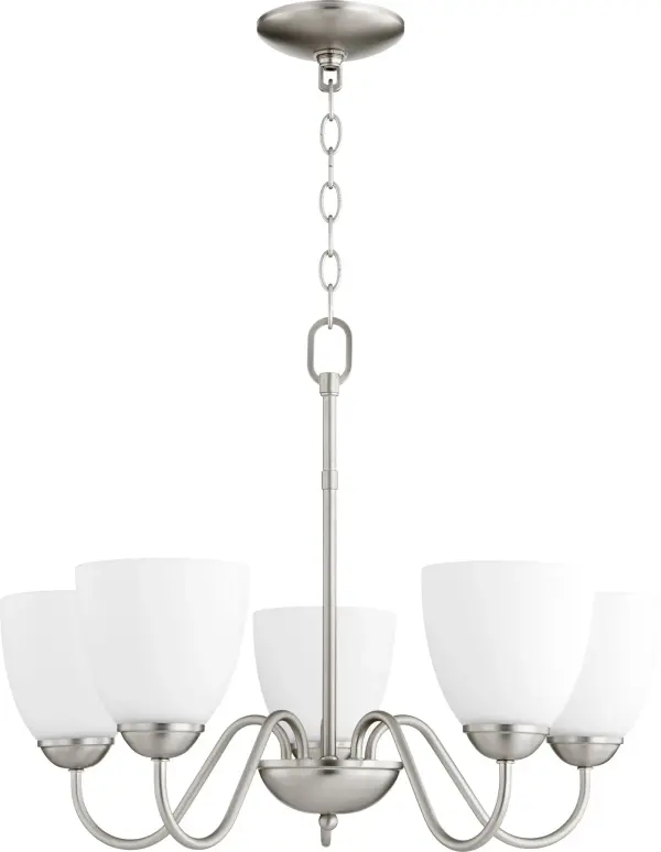 This 5-light chandelier combines graceful curves with a sleek satin nickel finish, delivering classic traditional style at an accessible price point. Perfect for dining rooms and entryways seeking timeless charm.