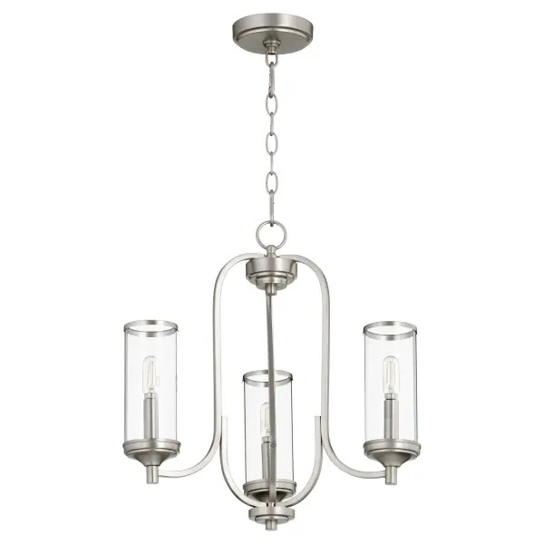 The Collins 3-Light Chandelier combines clean geometric lines with a sophisticated Satin Nickel finish and clear cylindrical glass shades. Its transitional design bridges traditional and modern aesthetics, making it adaptable to various interior styles.