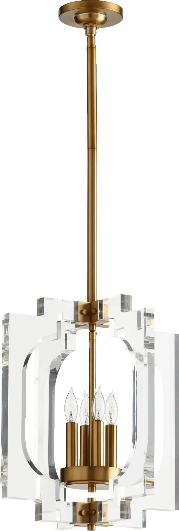 The Broadway pendant showcases a striking quadrilateral form with clear acrylic frames and aged brass detailing. Its transparent design offers exceptional versatility while the etched angular details add visual interest.