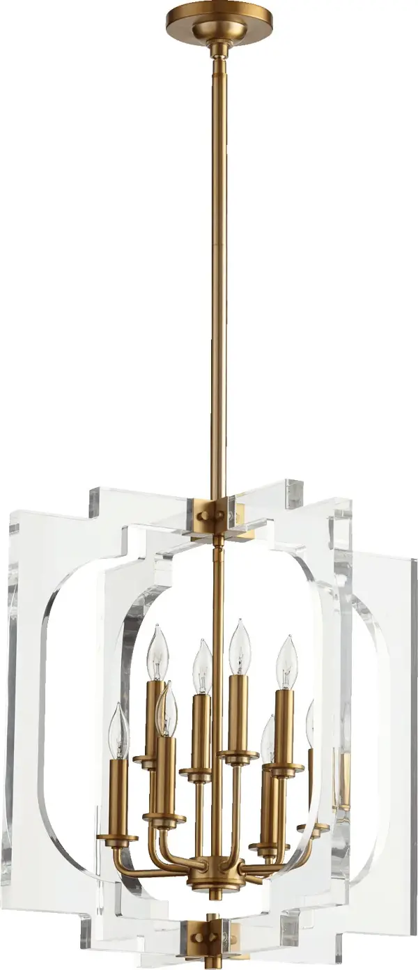 The Broadway pendant showcases a striking quadrilateral form with clear acrylic frames and aged brass detailing. Its transparent design offers exceptional versatility while making a bold contemporary statement.