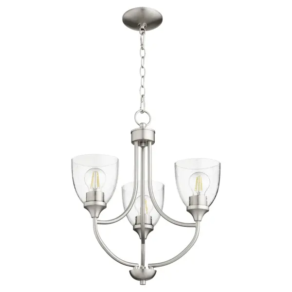 The Enclave chandelier offers exceptional design flexibility with elegant sweeping curves and clean-lined opal glass shades. Its satin nickel finish and transitional aesthetic make it adaptable to various décor styles.