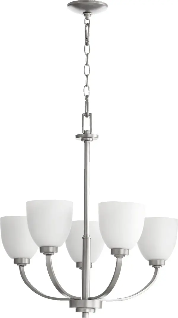 The Reyes 5-Light Chandelier combines sleek transitional design with timeless Classic Nickel finish. Its clean lines and elegant silhouette blend seamlessly with most aesthetics while maintaining enough presence to stand out as a focal point.