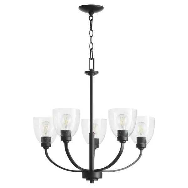 The Reyes 5-Light Chandelier combines sleek modern lines with transitional appeal, featuring clear seeded glass shades and textured black finish. Its clean design blends seamlessly with most aesthetics while making a statement.