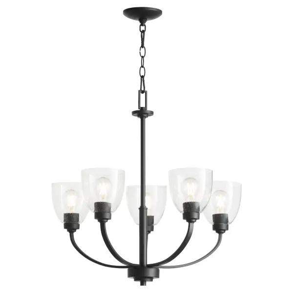 The Reyes 5-Light Chandelier combines sleek modern lines with transitional appeal, featuring clear seeded glass shades and textured black finish. Its clean design blends seamlessly with most aesthetics while making a statement. - alternate view