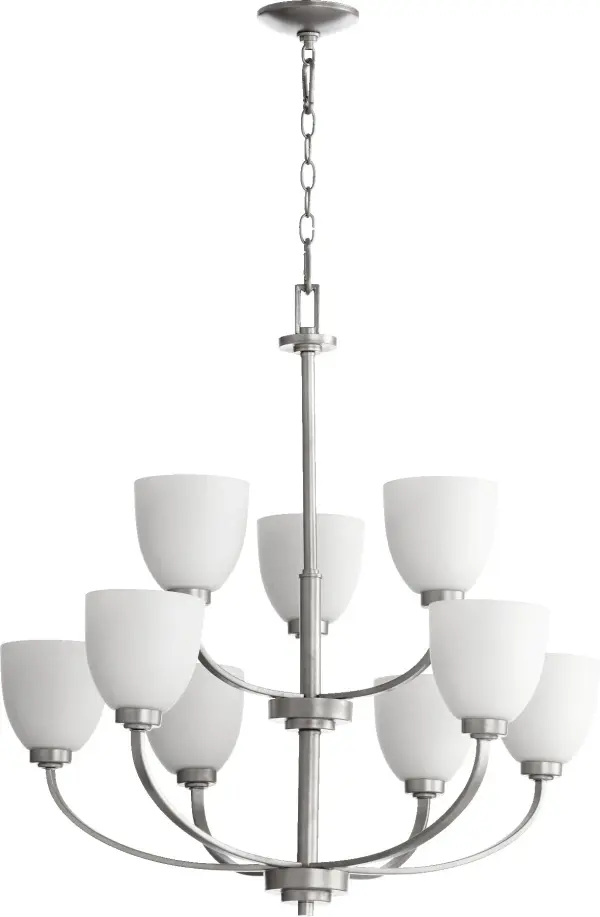 The Reyes chandelier combines elegant simplicity with transitional versatility, featuring a Classic Nickel finish and clean-lined design that complements most aesthetics while making a statement in any space.