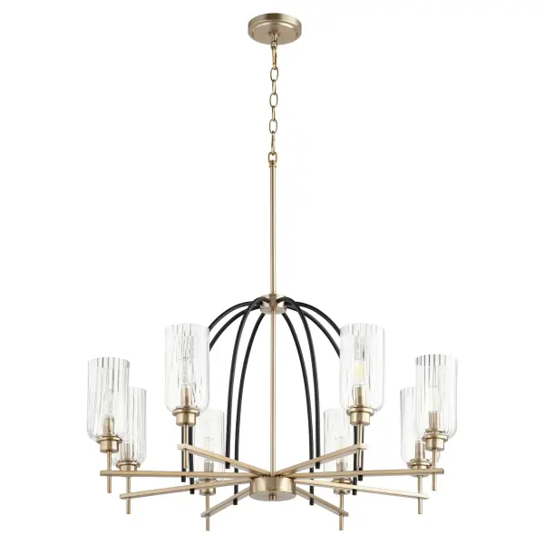 The Espy 8-Light Chandelier combines geometric Art Deco structure with modern two-tone finishes. Clear fluted glass shades and linear framing create refined accent lighting perfect for upscale interiors.