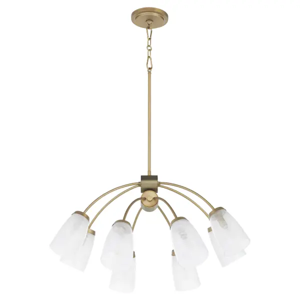 The Arpeggio chandelier combines contemporary design with industrial flair through its eight curved arms and clear marble glass shades. The aged brass finish adds warmth while maintaining a sleek, modern aesthetic perfect for dining rooms and entryways.