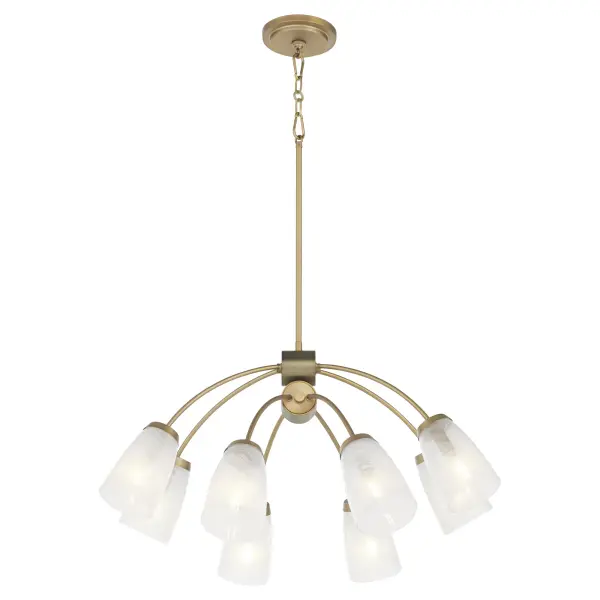 The Arpeggio chandelier combines contemporary design with industrial flair through its eight curved arms and clear marble glass shades. The aged brass finish adds warmth while maintaining a sleek, modern aesthetic perfect for dining rooms and entryways. - alternate view
