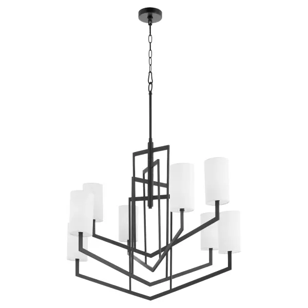 The Bolivar 8-Light Chandelier makes a striking statement with its unique overlapping angular design and arrow motif. The matte black finish paired with white fabric shades creates sophisticated contrast perfect for transitional spaces.