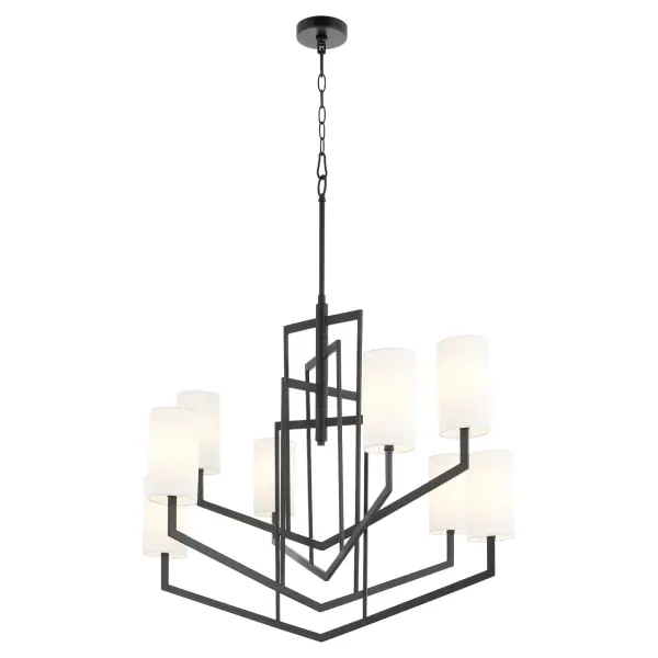 The Bolivar 8-Light Chandelier makes a striking statement with its unique overlapping angular design and arrow motif. The matte black finish paired with white fabric shades creates sophisticated contrast perfect for transitional spaces. - alternate view