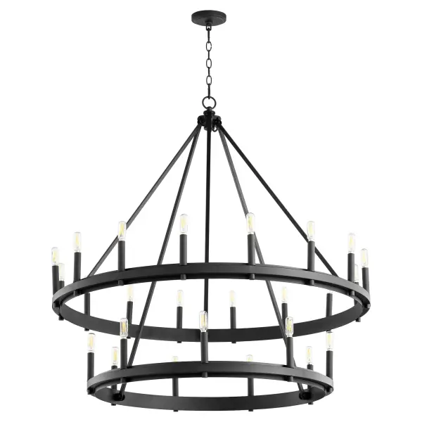 The Aura commands attention with its impressive 42-inch diameter and 25 candelabra lights arranged across two tiers. The matte black steel construction and textured chain deliver modern farmhouse charm at a grand scale.