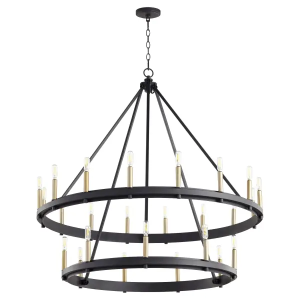 The Aura commands attention with its impressive 42-inch diameter and 25 candelabra lights arranged across two tiers. The matte black steel construction and textured chain deliver modern farmhouse charm at a grand scale. - alternate view