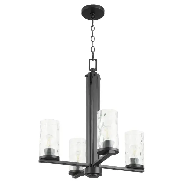 The Steinway 4-Light Chandelier combines contemporary design with industrial charm through its matte black finish and clear hammered glass shades. Perfect for modern dining spaces and kitchen islands seeking refined style.