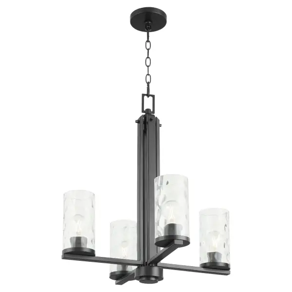 The Steinway 4-Light Chandelier combines contemporary design with industrial charm through its matte black finish and clear hammered glass shades. Perfect for modern dining spaces and kitchen islands seeking refined style. - alternate view