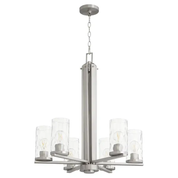 The Steinway chandelier brings soft contemporary elegance with its distinctive clear hammered glass shades and refined satin nickel finish. Six lights provide ample illumination while the textured glass creates beautiful light diffusion.