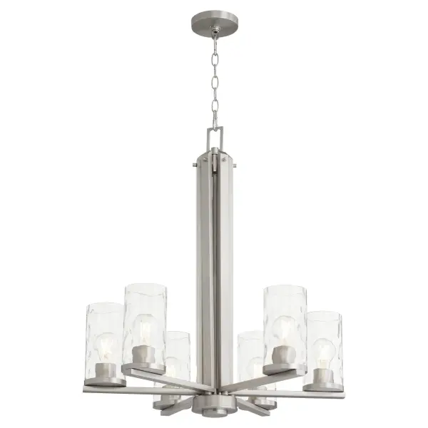 The Steinway chandelier brings soft contemporary elegance with its distinctive clear hammered glass shades and refined satin nickel finish. Six lights provide ample illumination while the textured glass creates beautiful light diffusion. - alternate view